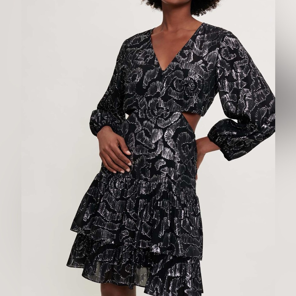 Maje Cutout metallic fil coupé chiffon mini dress, black/ silver, size 40/ US L